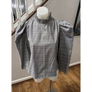Zara Glen Plaid Black White Ruffled Puff Sleeve Blouse Size Small
